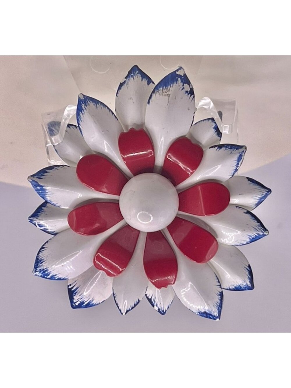 Vintage 1960s Red White & Blue Enamel Flower Brooch Pop Art Patriotic Pin Retro